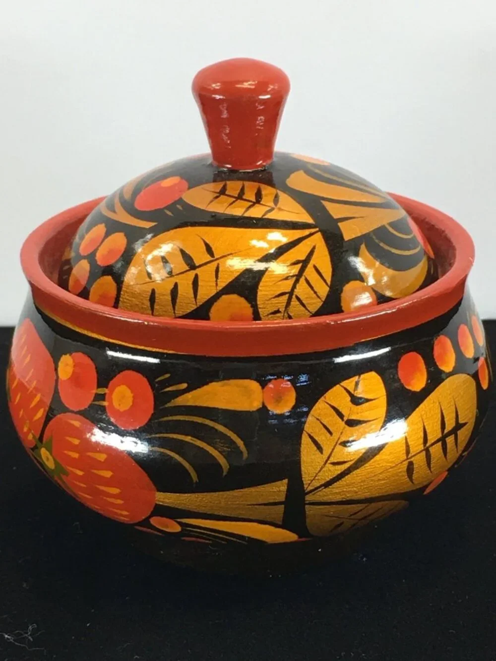 Vintage Russian Khokhloma Lacquered Wood Jar with Lid Painted Red Black